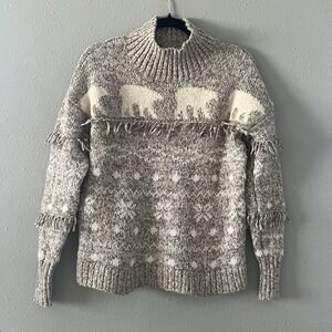LOFT Fair Isle Fringe Sweater Womens Small Chunky Knit Mock Neck Boho Polar Bear